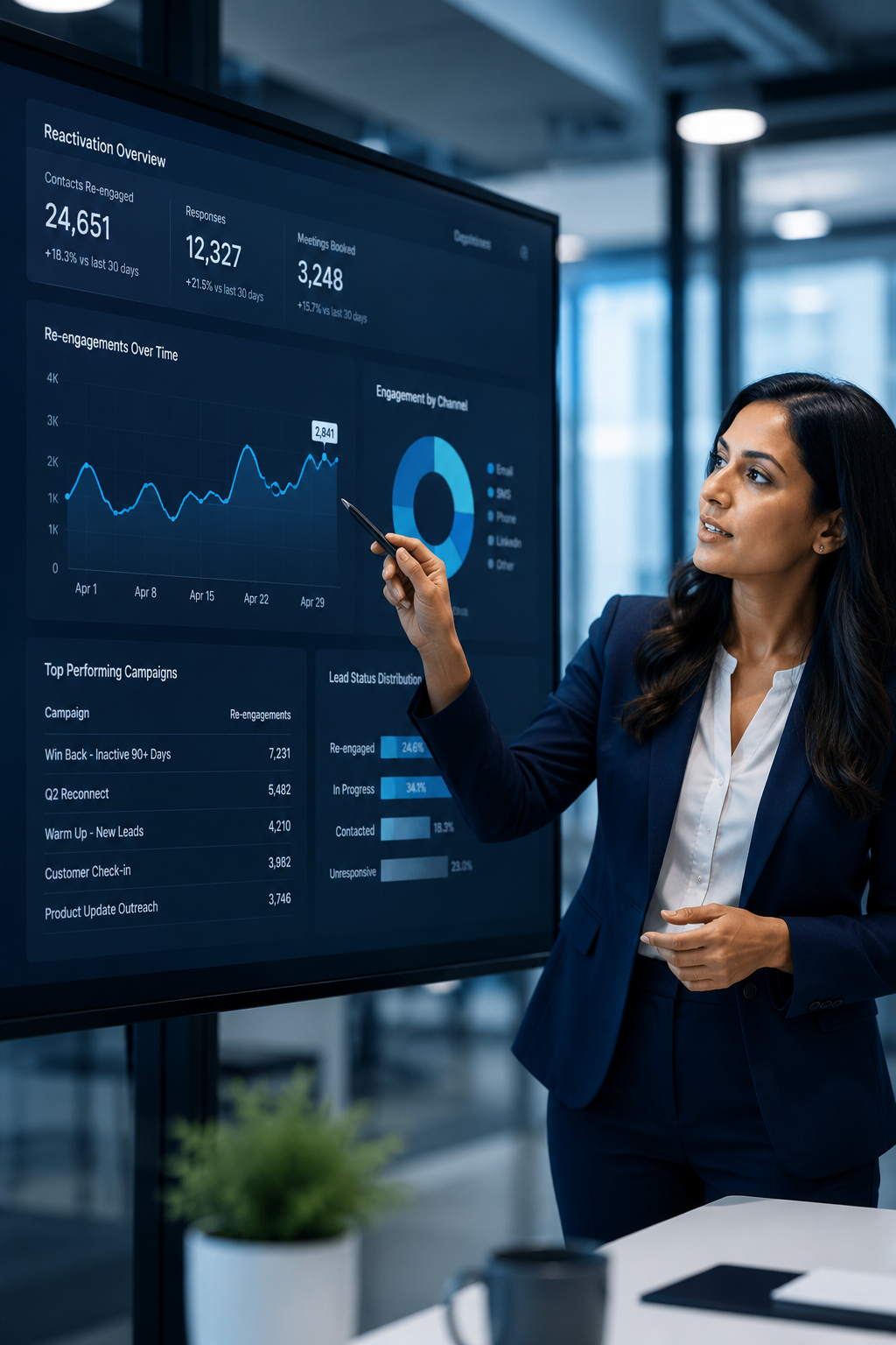 Sales AI agent reviewing a lead re-engagement dashboard with campaign performance