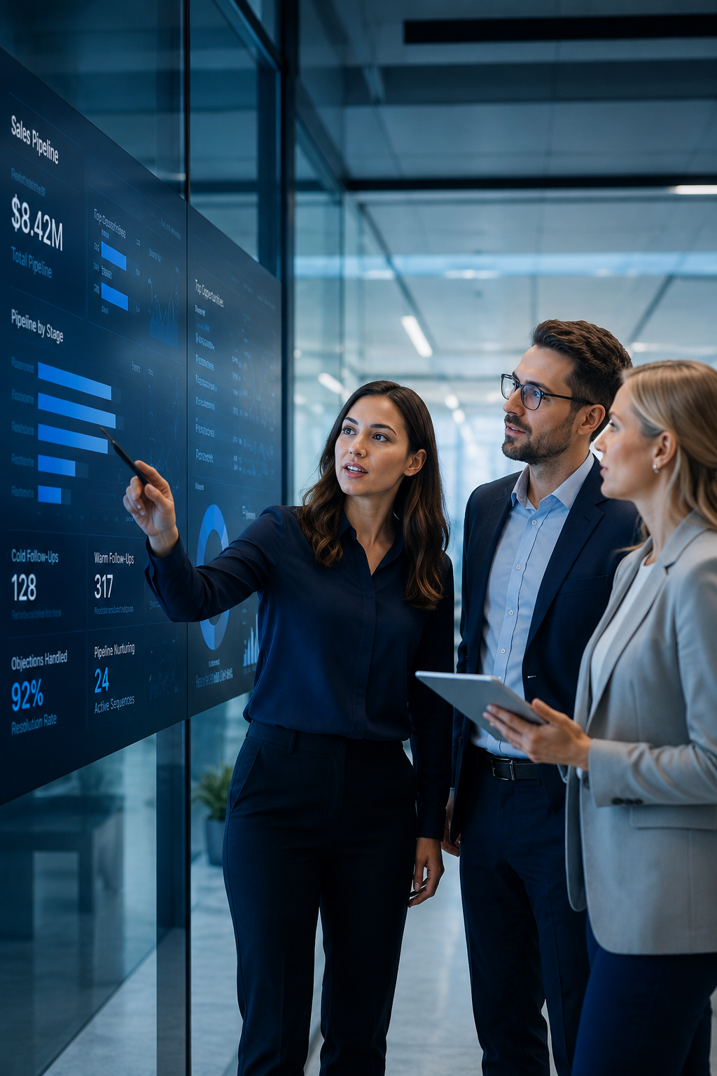Sales team reviewing an AI sales pipeline with follow-ups and objection handling